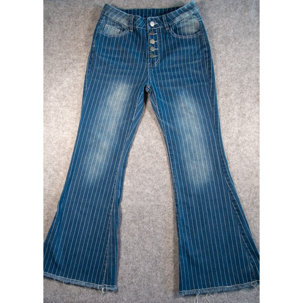 Y2K Pinstripe Flare Jeans Button Fly Raw Hem Bell Bottoms Sz M